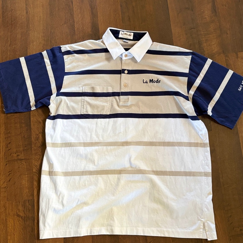 Vtg‎ LA Mode Mens XL Vintage Striped Polo Shirt Navy Blue White Tan USA Made 90s